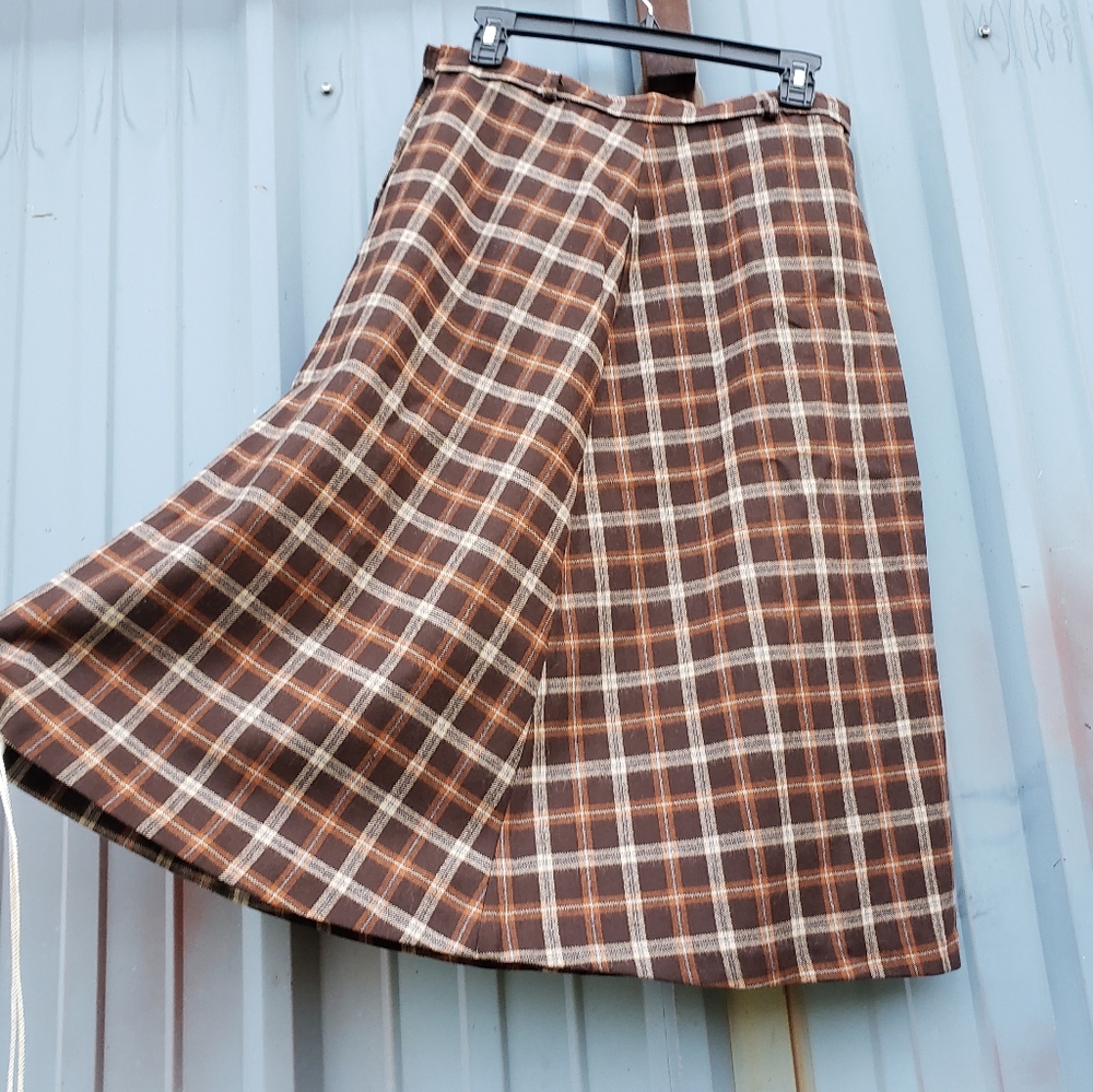 Vintage Brown Plaid Wool A Line Skirt